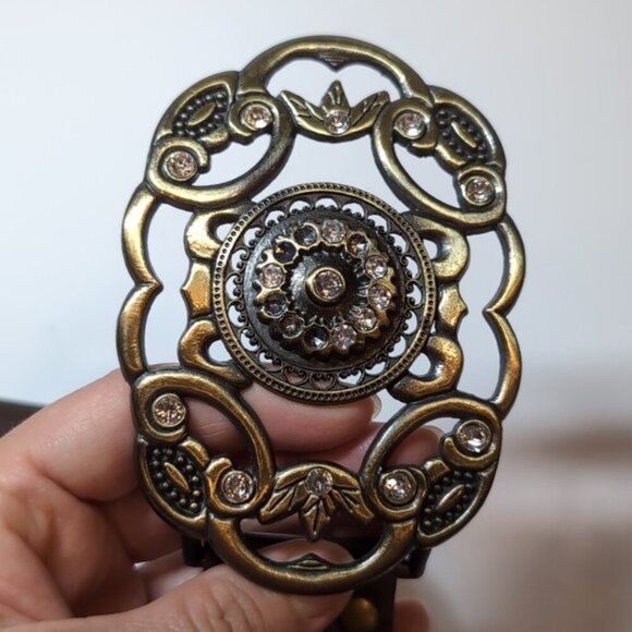 Xcetera Womens Western Belt Carved Brass Buckle Rhinestone Brown Faux Leather - Picture 5 of 9